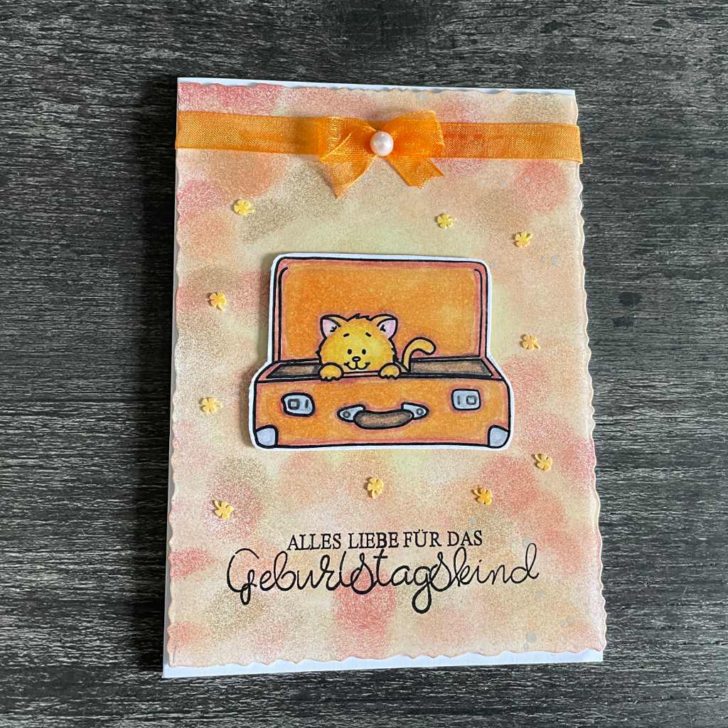 Handgemachte Grußkarte "Katze im Koffer" – Koloration & Design im Detail