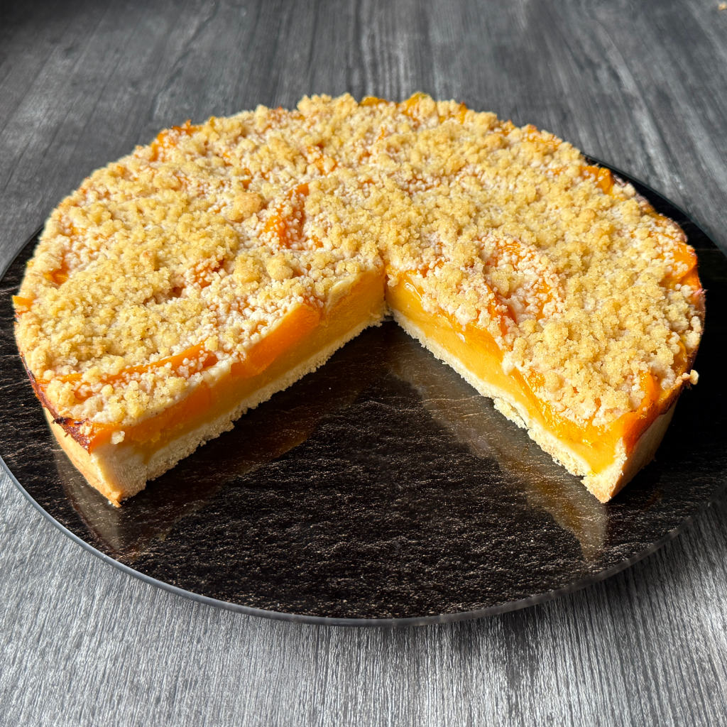 Pfirsich Streuselkuchen mit Fruchtpudding