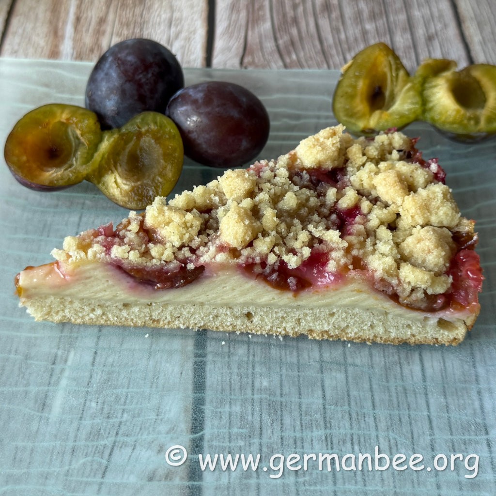 Kuchenstück mit weichem Boden, Sojafüllung, Zwetschgen und Streuseln