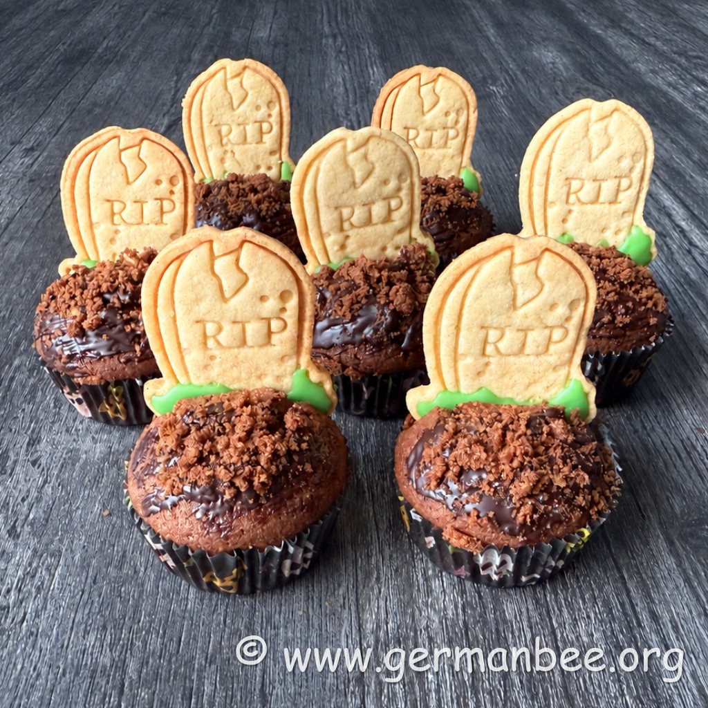Sieben Halloween-Friedhofsmuffins mit RIP-Grabsteinen